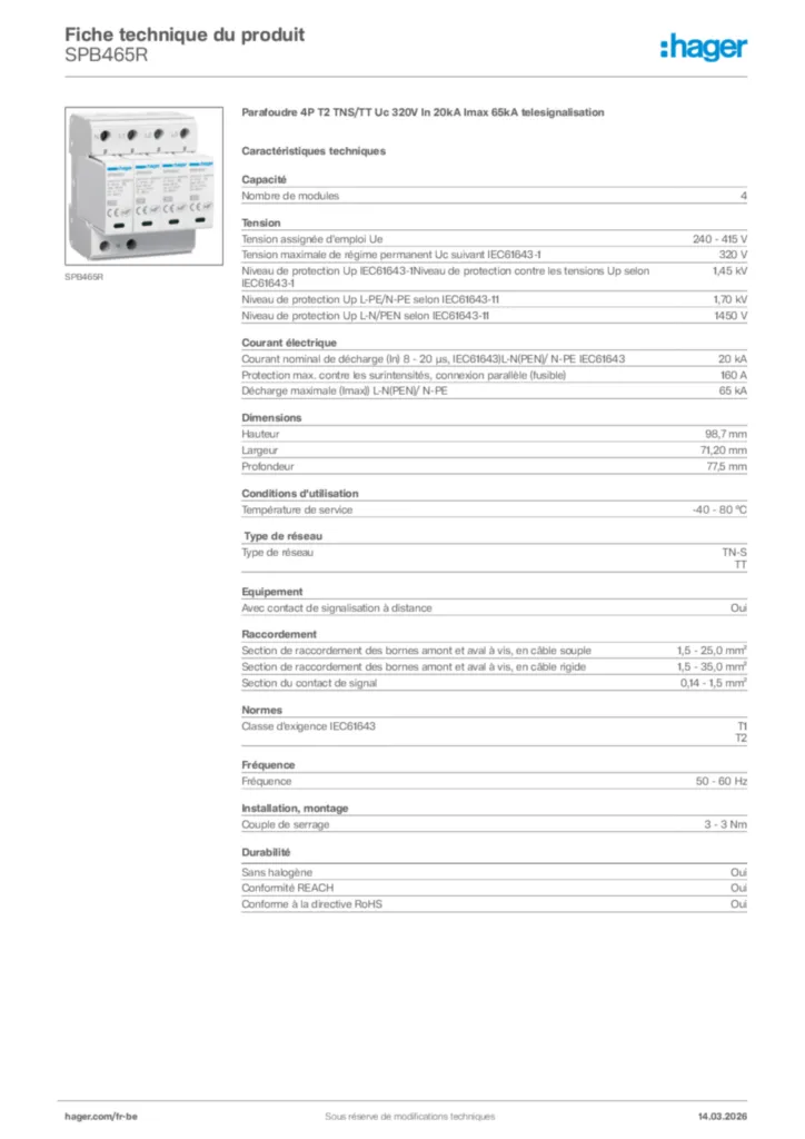 Image Hager Fiche technique du produit SPB465R | Hager Belgique