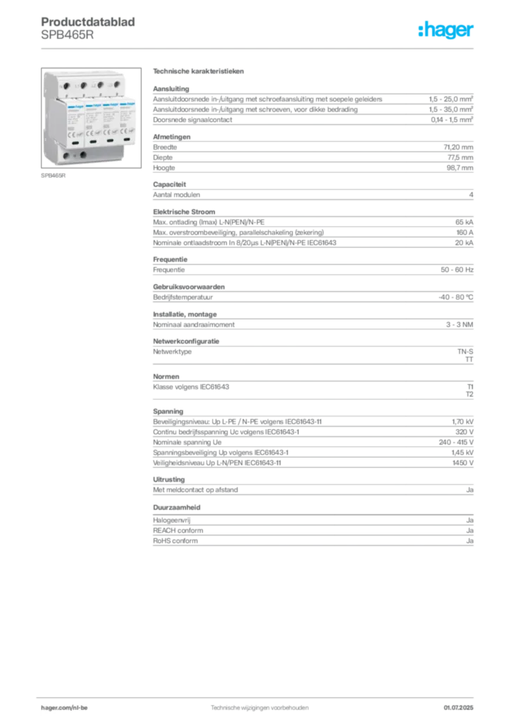 Afbeelding Hager Productdatablad SPB465R | Hager Belgium