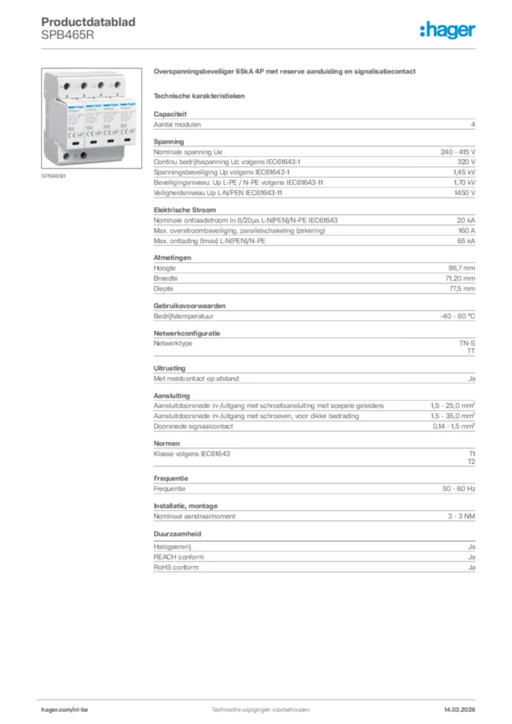 Afbeelding Hager Productdatablad SPB465R | Hager Belgium