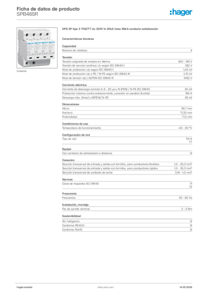 Imagen Hager Ficha de datos de producto SPB465R | Hager España