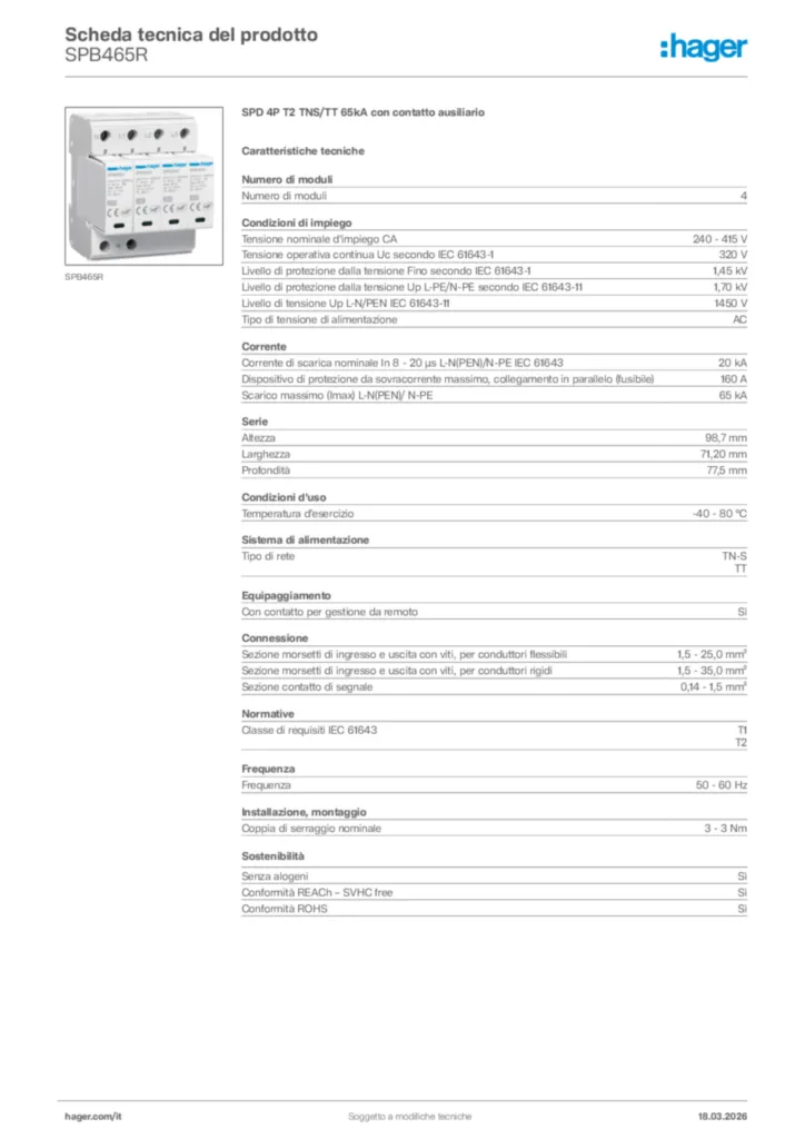Immagine Hager Scheda tecnica del prodotto SPB465R | Hager Italia