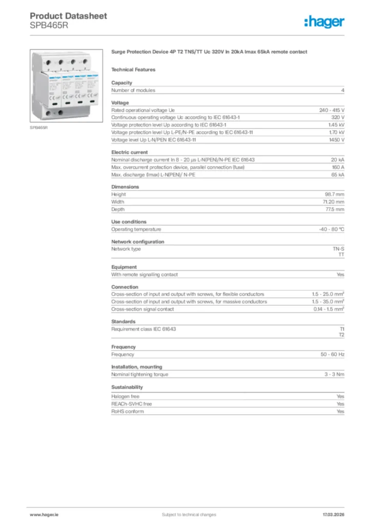 Image Hager Product data sheet SPB465R  | Hager