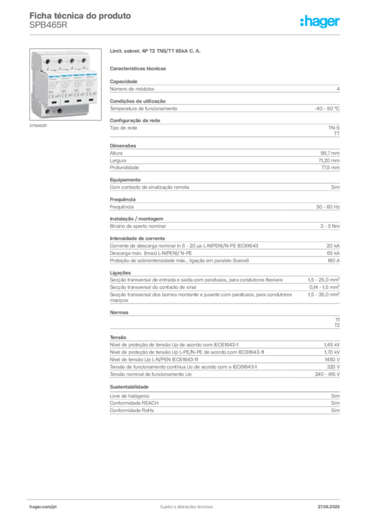 Imagem Hager Ficha técnica do produto SPB465R | Hager Portugal