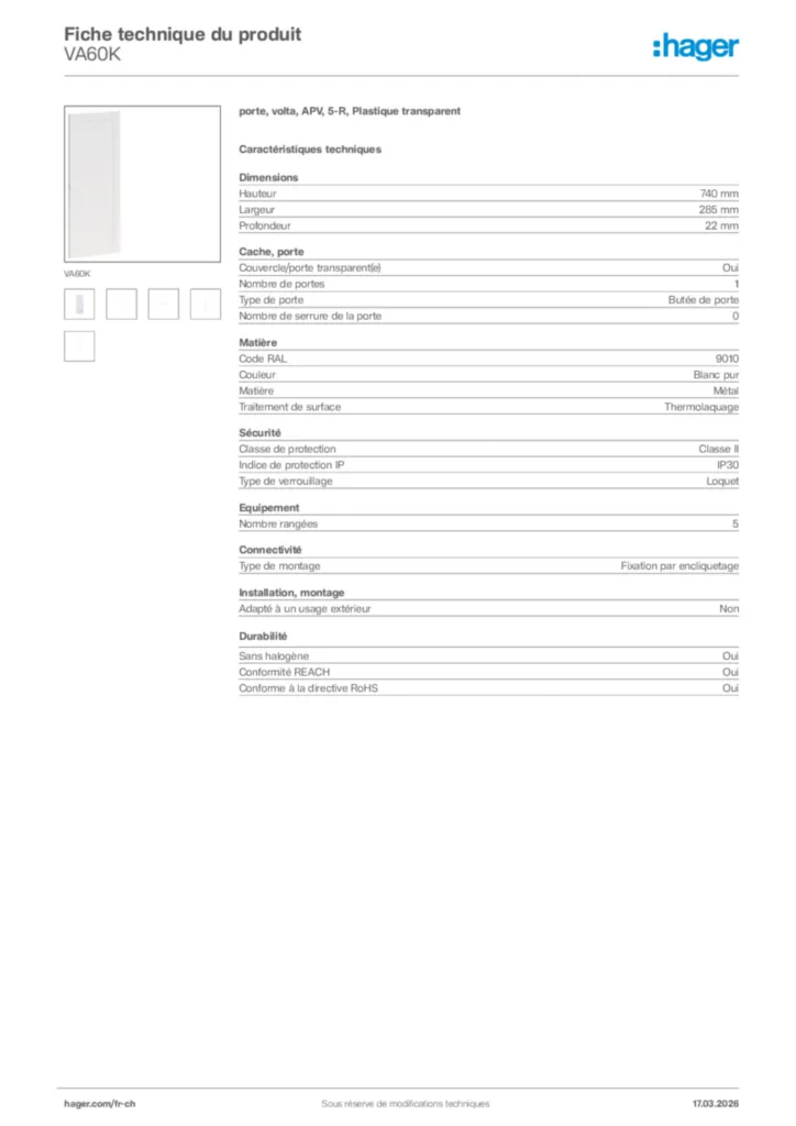 Image Hager Fiche technique du produit VA60K | Hager Suisse