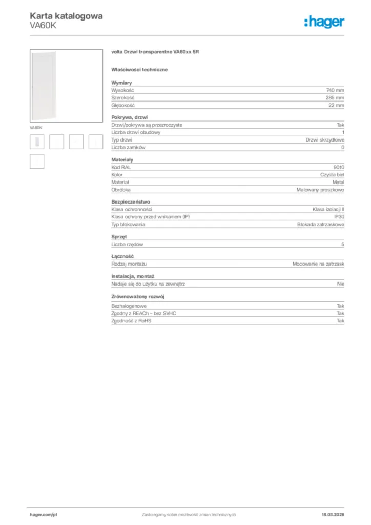 Zdjęcie Hager Karta katalogowa VA60K | Hager Polska
