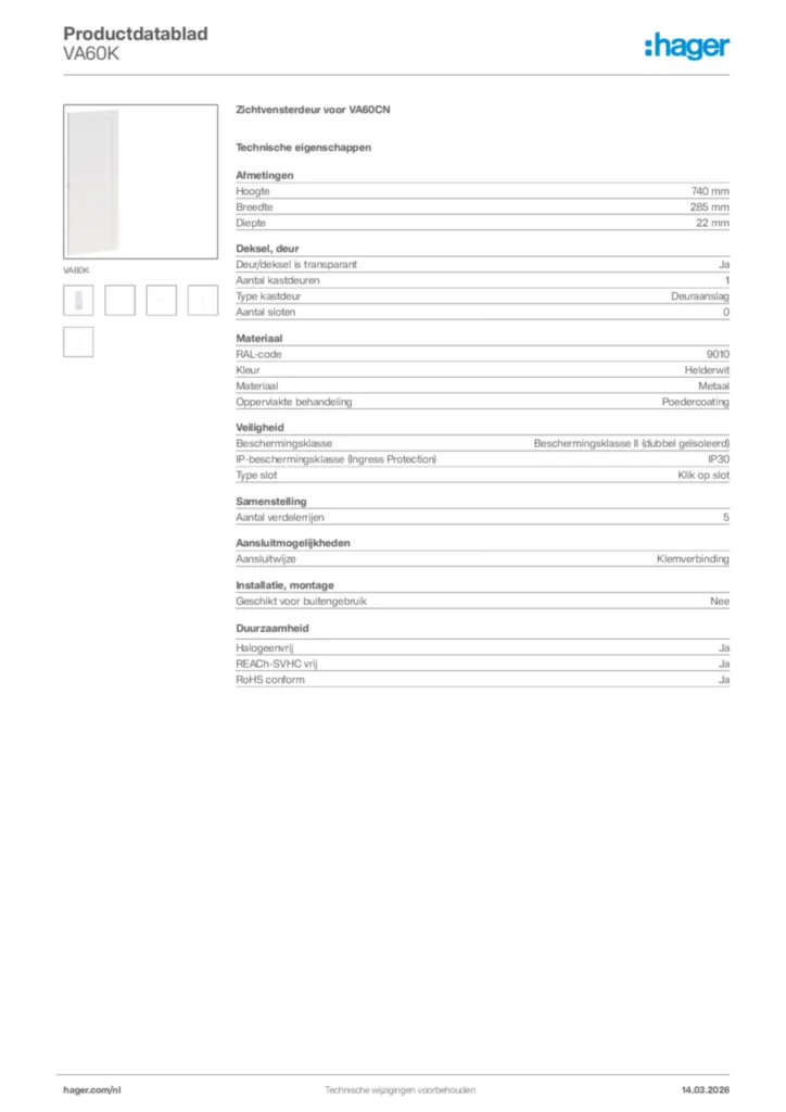 Afbeelding Hager Productdatablad VA60K | Hager Nederland