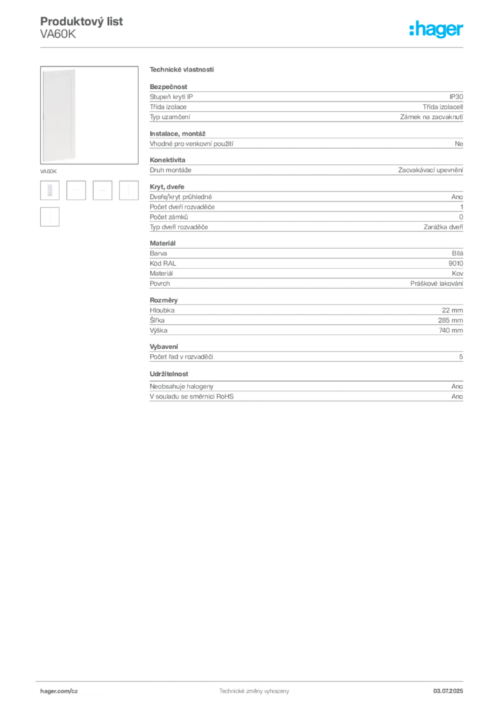 Obrázek Hager Produktový list VA60K | Hager