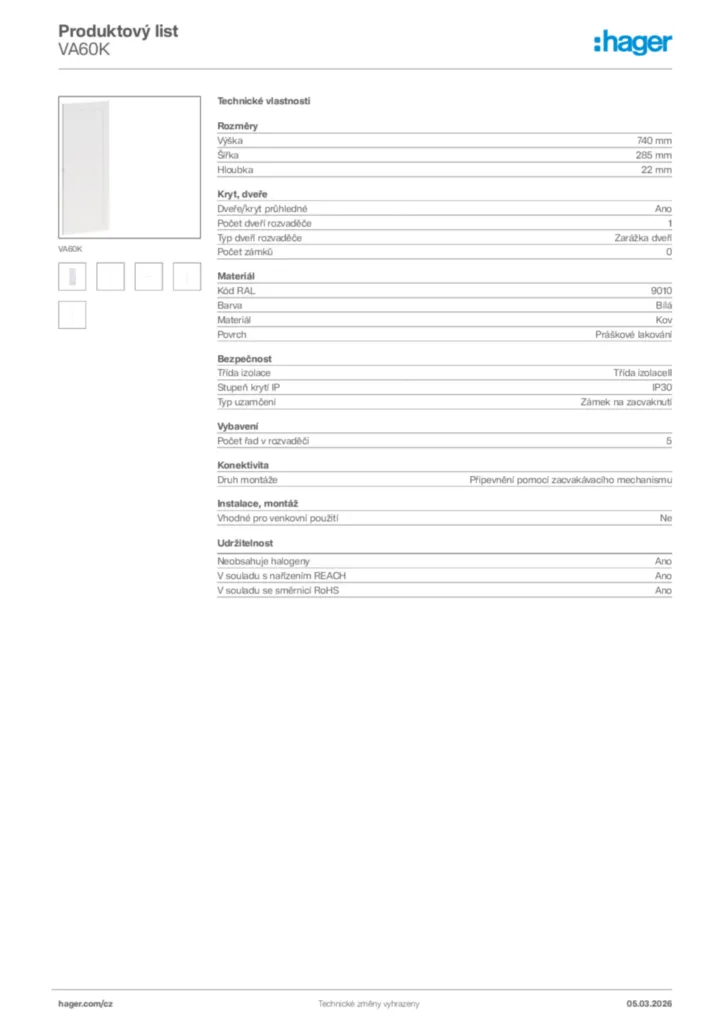 Obrázek Hager Product data sheet VA60K | Hager
