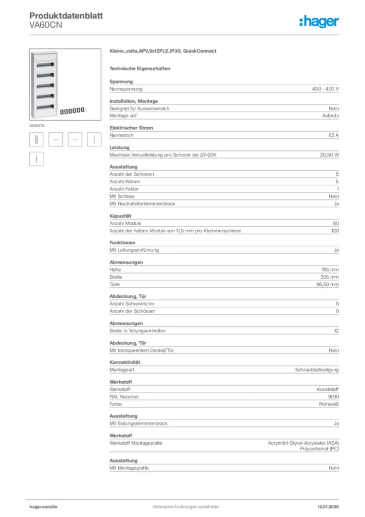 Bild Hager Produktdatenblatt VA60CN | Hager Deutschland