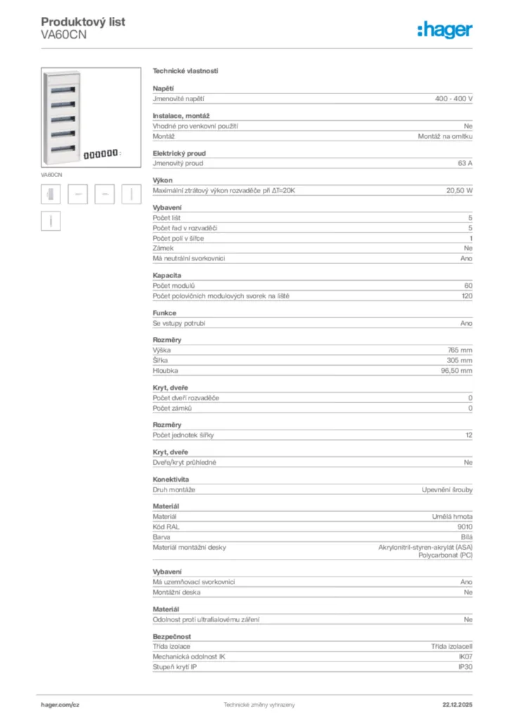 Obrázek Hager Produktový list VA60CN | Hager