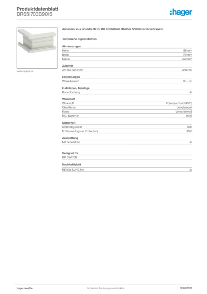 Bild Hager Produktdatenblatt BR651703B9016 | Hager Deutschland