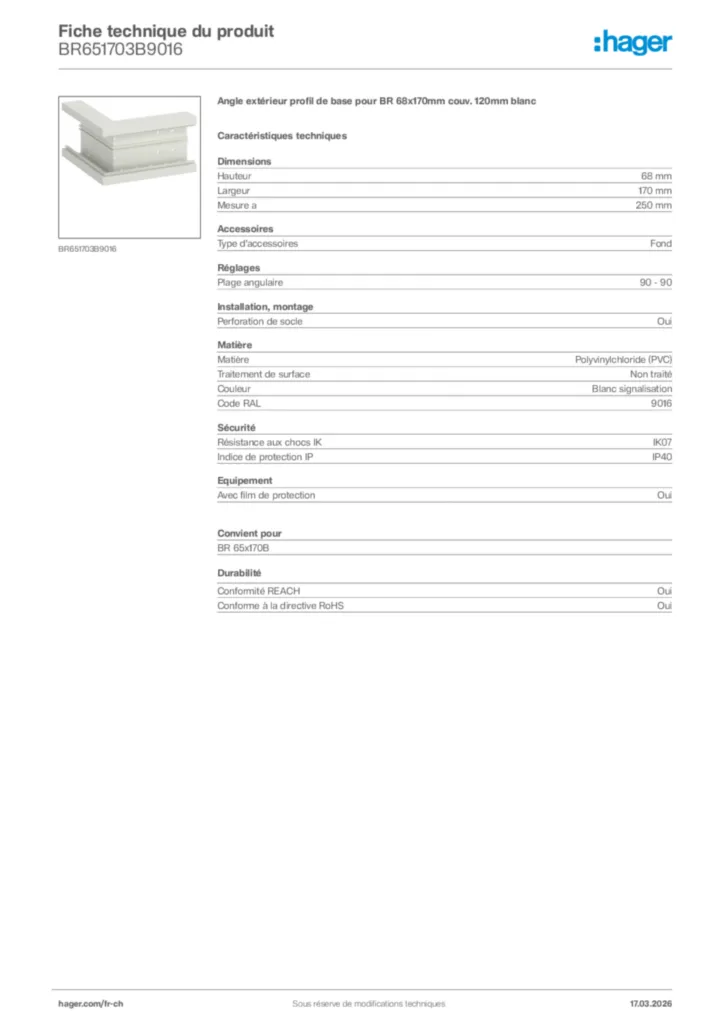 Image Hager Fiche technique du produit BR651703B9016 | Hager Suisse