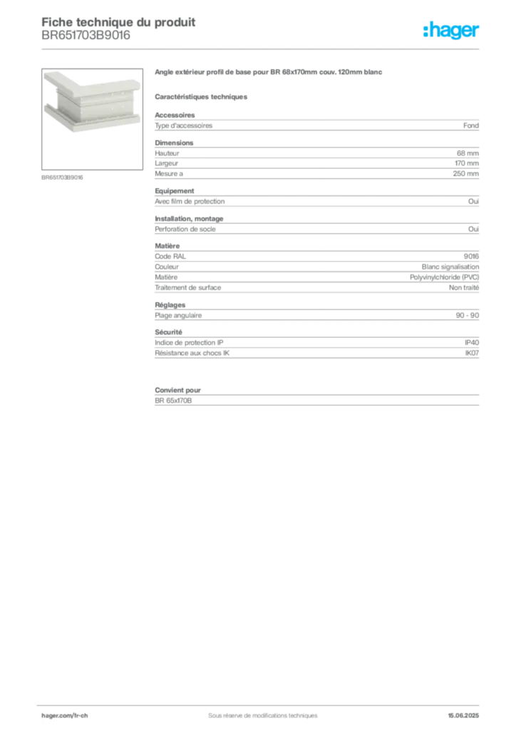 Image Hager Fiche technique du produit BR651703B9016 | Hager Suisse