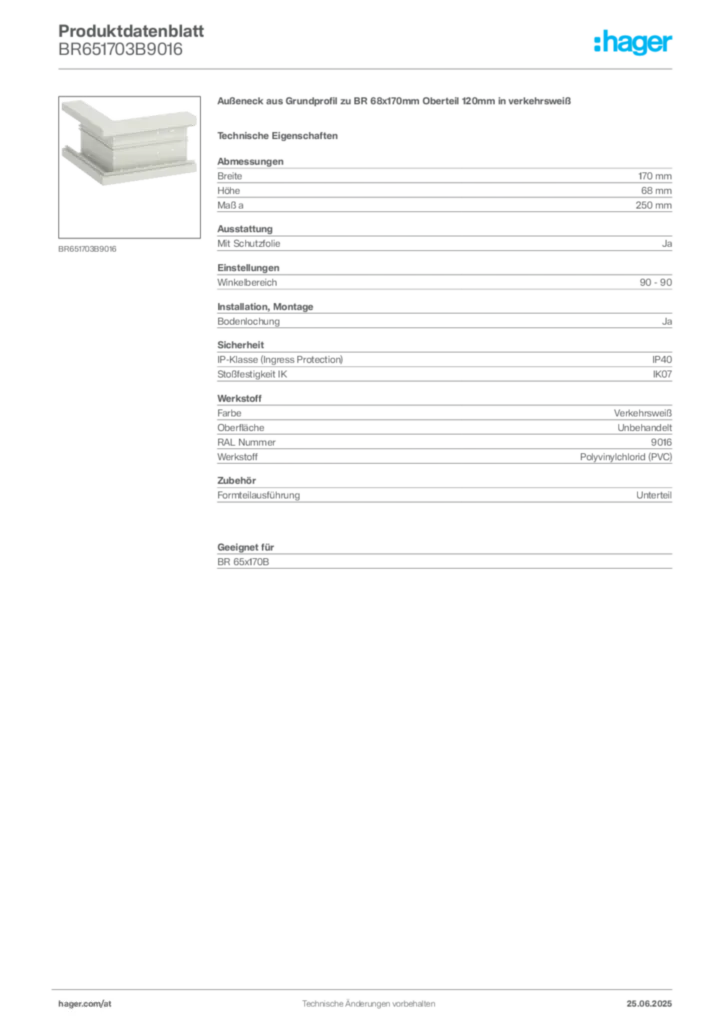 Bild Hager Produktdatenblatt BR651703B9016 | Hager Deutschland