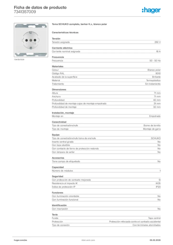 Imagen Hager Ficha de datos de producto 7341357009 | Hager España