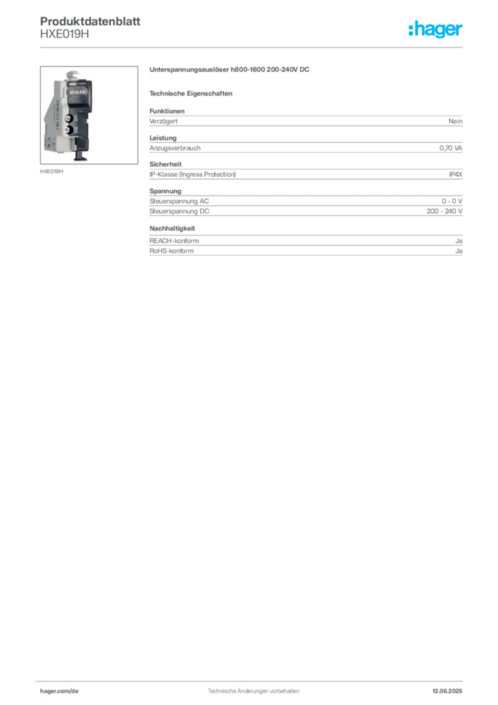 Hager Produktdatenblatt HXE019H