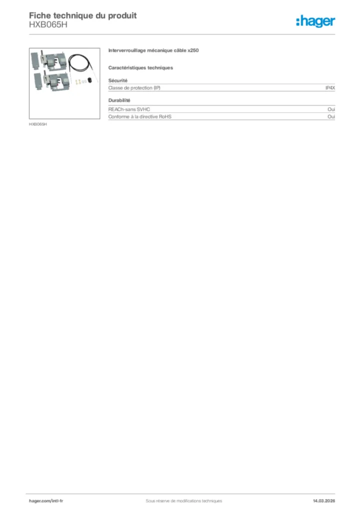 Image Hager Fiche technique du produit HXB065H | Hager Afrique