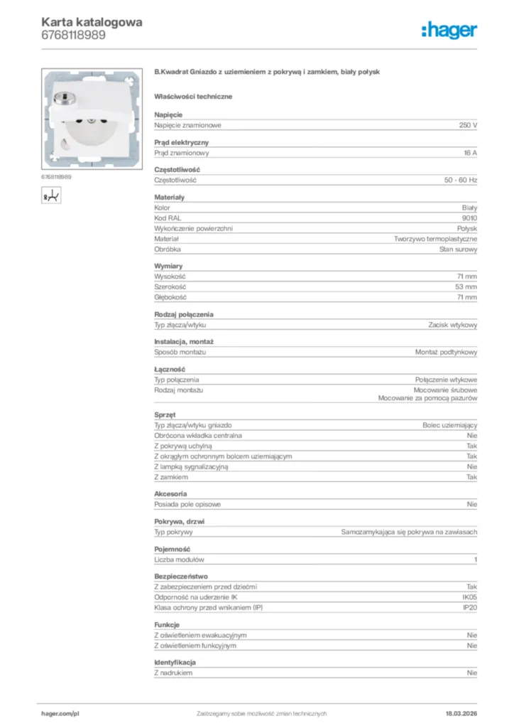 Zdjęcie Hager Karta katalogowa 6768118989 | Hager Polska