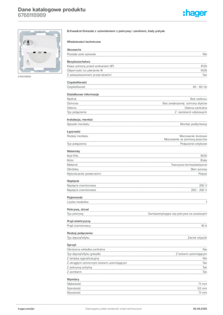 Zdjęcie Hager Dane katalogowe produktu 6768118989 | Hager Polska