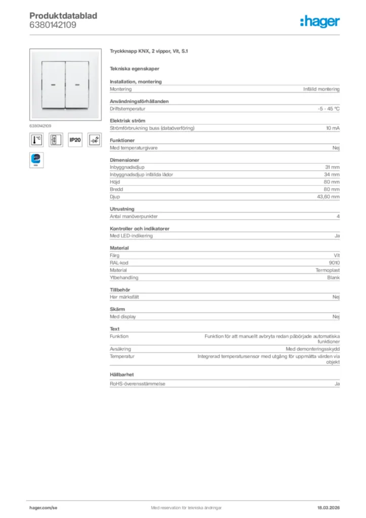 Bild Hager Produktdatablad 6380142109 | Hager Sverige