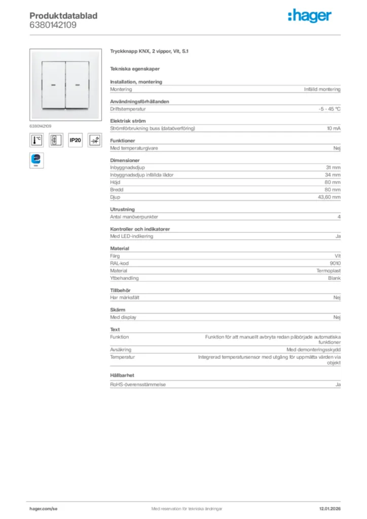 Bild Hager Produktdatablad 6380142109 | Hager Sverige