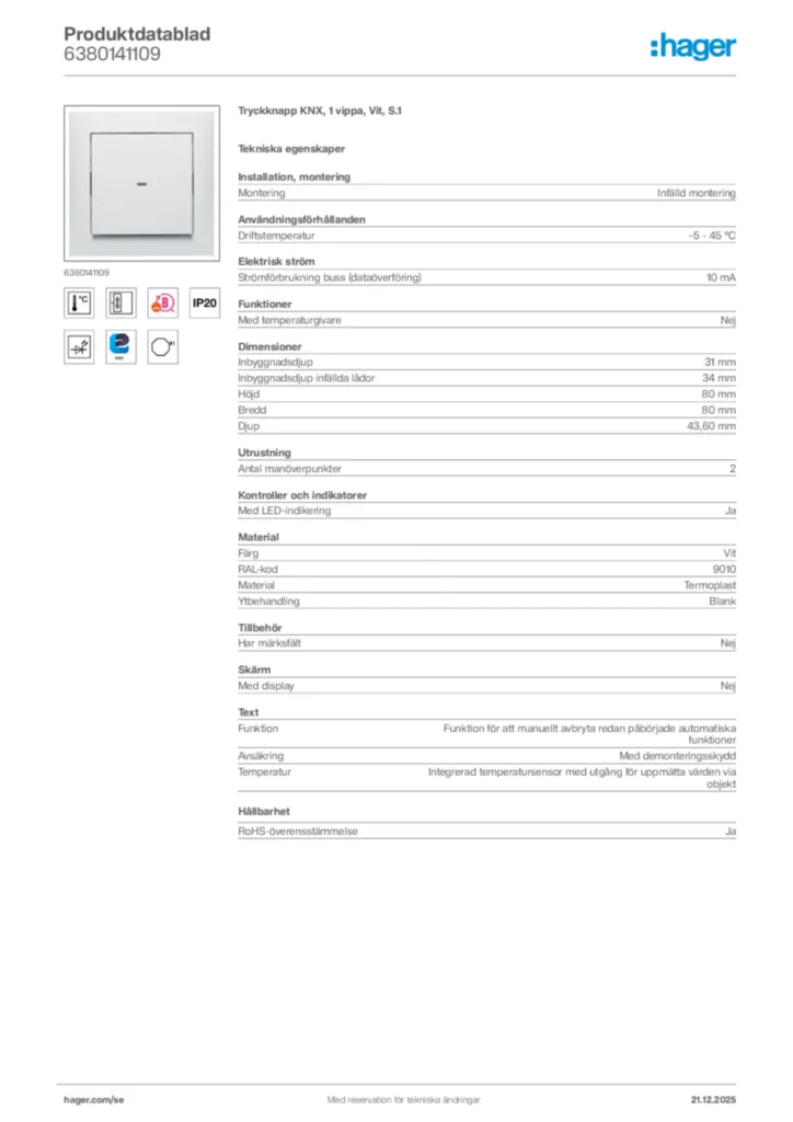 Bild Hager Produktdatablad 6380141109 | Hager Sverige