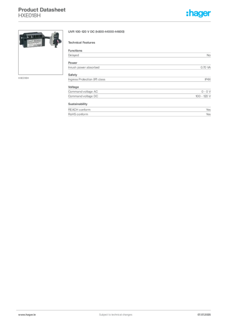 Image Hager Product data sheet HXE018H  | Hager