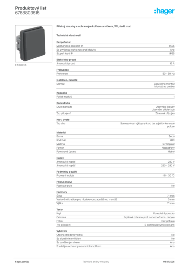 Obrázek Hager Produktový list 6768803515 | Hager