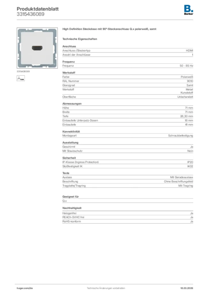 Bild Berker Produktdatenblatt 3315436089 | Hager Deutschland