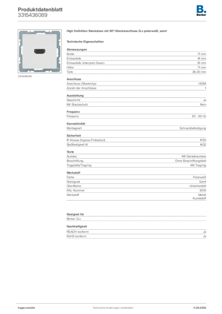Bild Berker Produktdatenblatt 3315436089 | Hager Deutschland