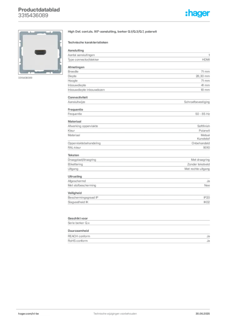 Afbeelding Hager Productdatablad 3315436089 | Hager Belgium