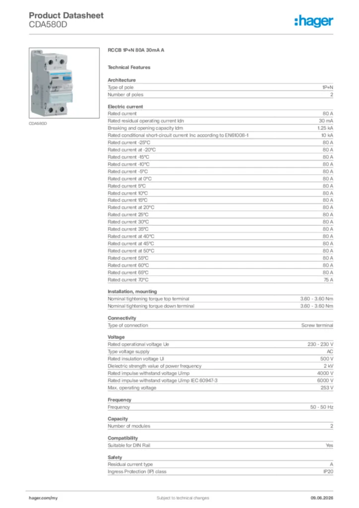 Image Hager Product data sheet CDA580D  | Hager