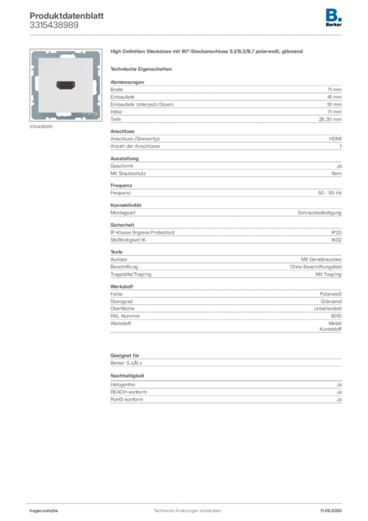 Bild Berker Produktdatenblatt 3315438989 | Hager Deutschland