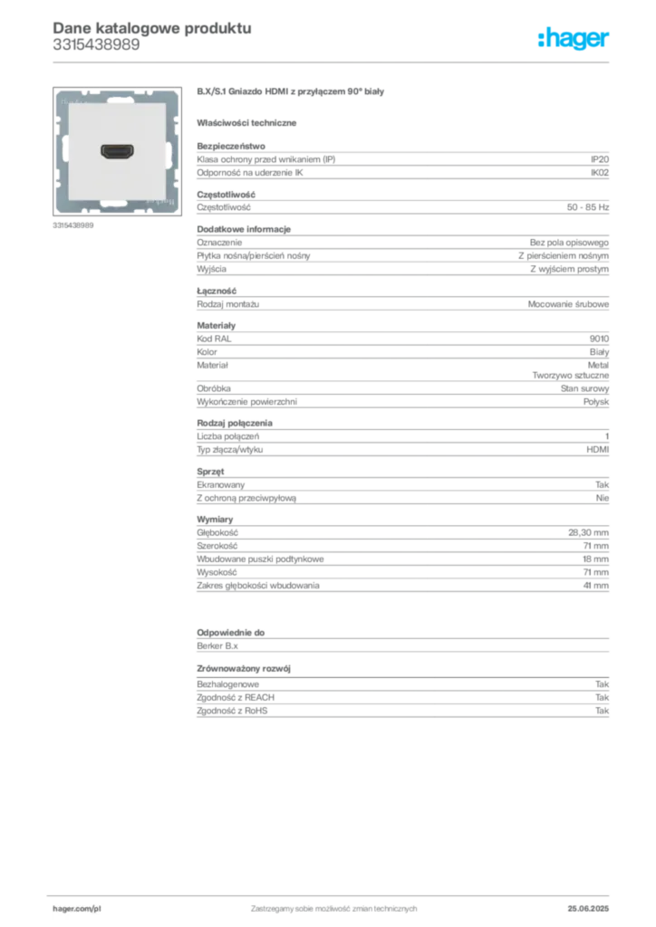 Zdjęcie Hager Dane katalogowe produktu 3315438989 | Hager Polska
