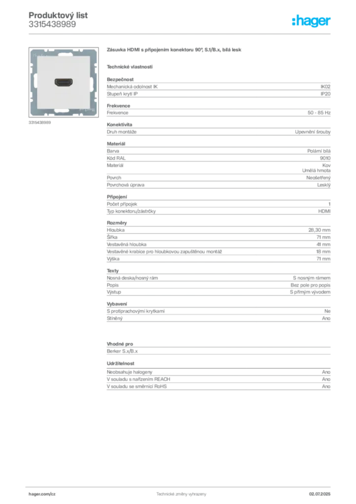 Obrázek Hager Produktový list 3315438989 | Hager