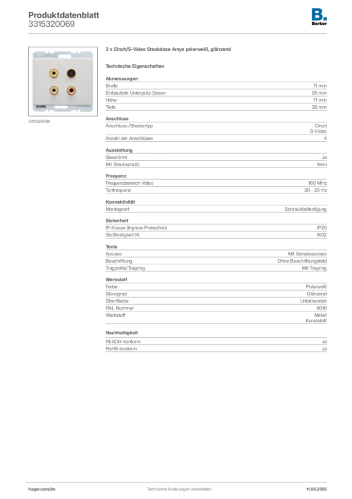 Bild Berker Produktdatenblatt 3315320069 | Hager Deutschland