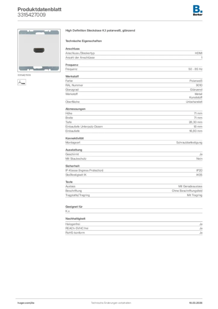 Bild Berker Produktdatenblatt 3315427009 | Hager Deutschland