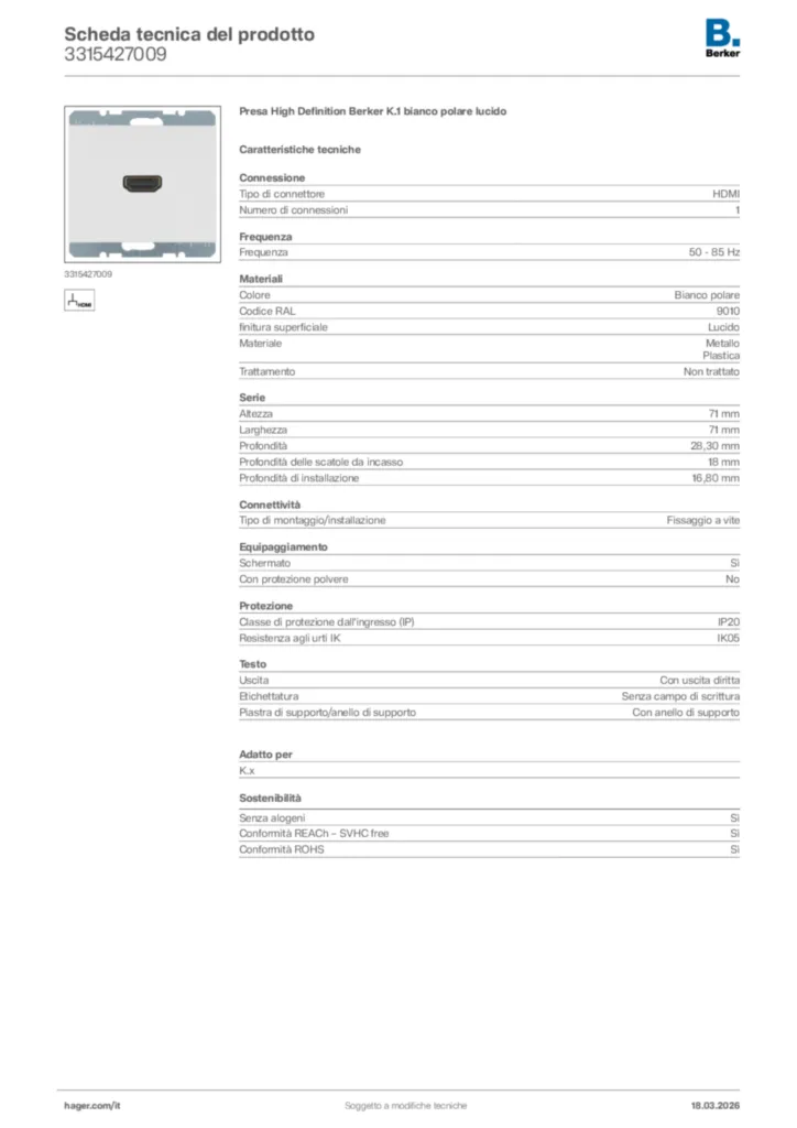 Immagine Berker Scheda tecnica del prodotto 3315427009 | Hager Italia