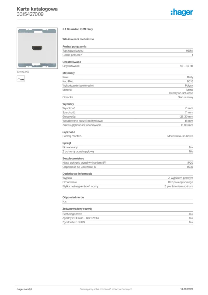 Zdjęcie Hager Karta katalogowa 3315427009 | Hager Polska