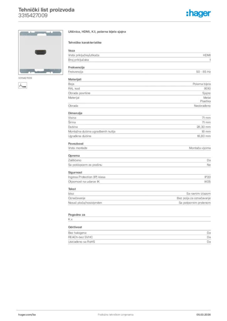 Slika Hager Tehnički list proizvoda 3315427009  | Hager