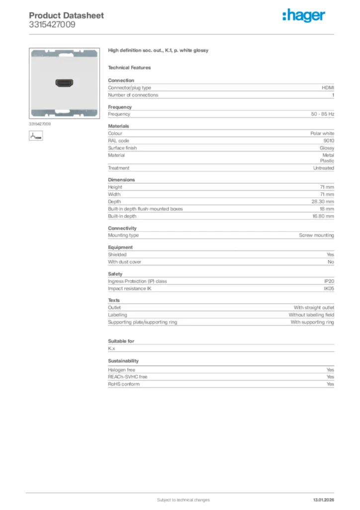 Image Hager Product data sheet 3315427009  | Hager