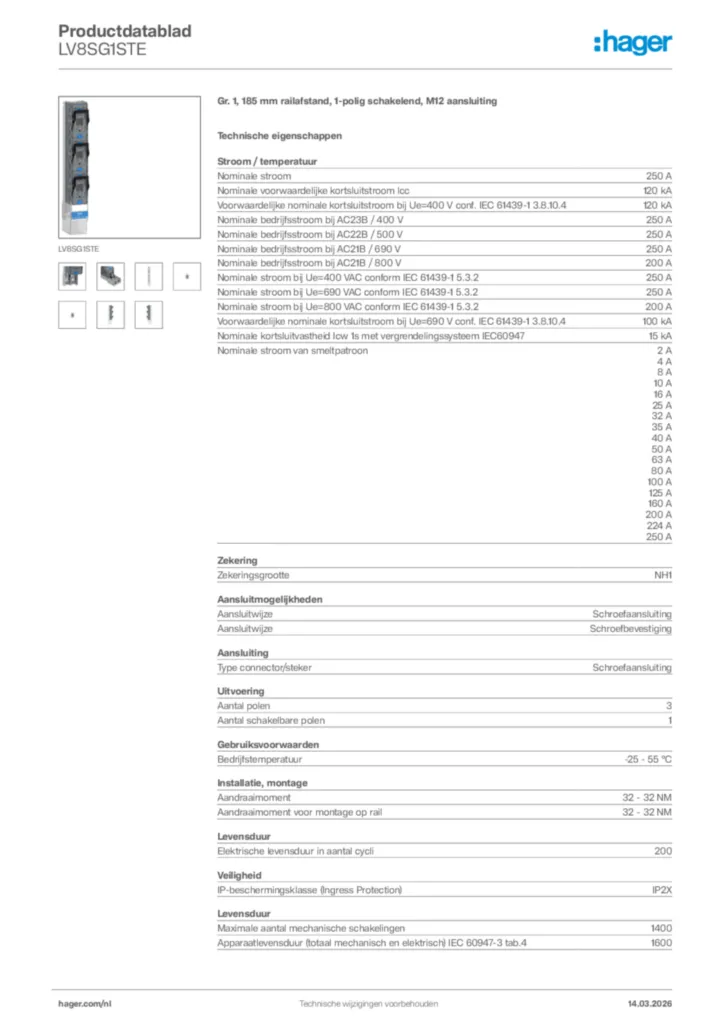 Afbeelding Hager Productdatablad LV8SG1STE | Hager Nederland