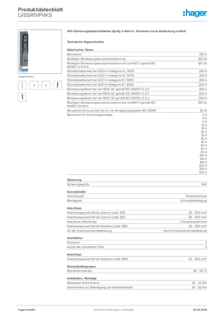 Bild Hager Produktdatenblatt LV8SR1VPVKS | Hager Deutschland