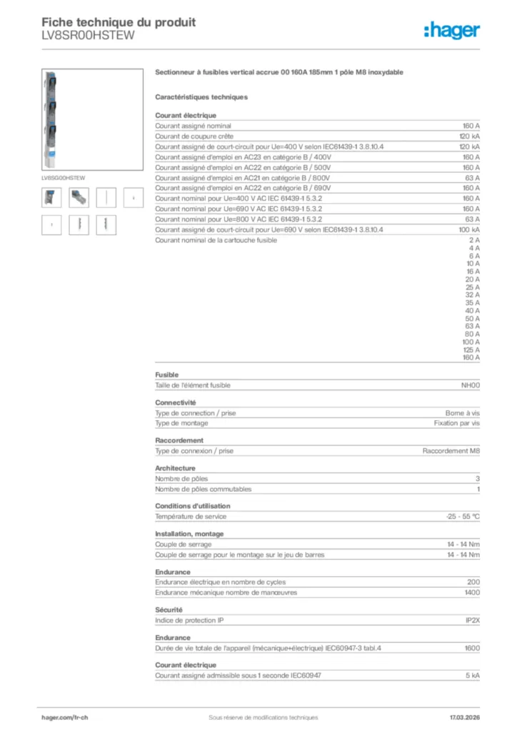 Image Hager Fiche technique du produit LV8SR00HSTEW | Hager Suisse