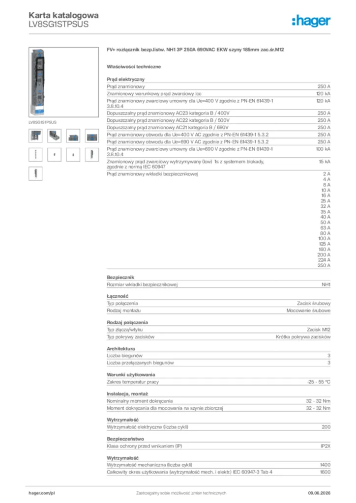 Zdjęcie Hager Karta katalogowa LV8SG1STPSUS | Hager Polska