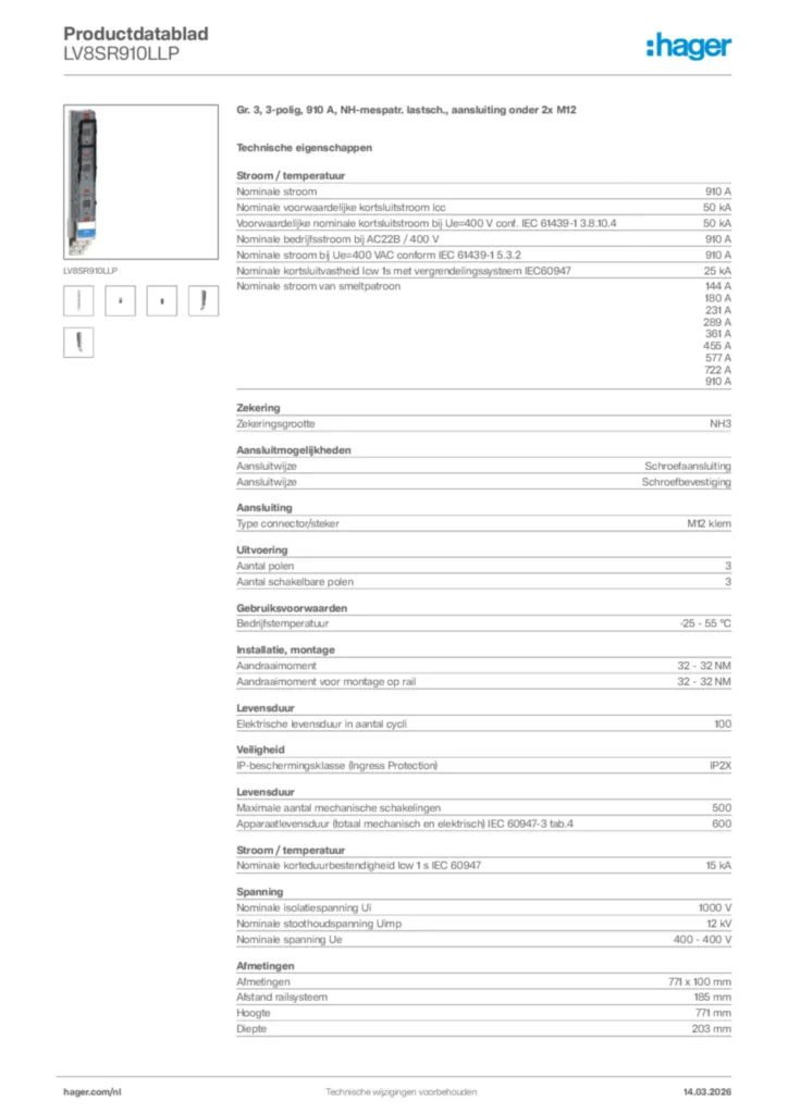 Afbeelding Hager Productdatablad LV8SR910LLP | Hager Nederland