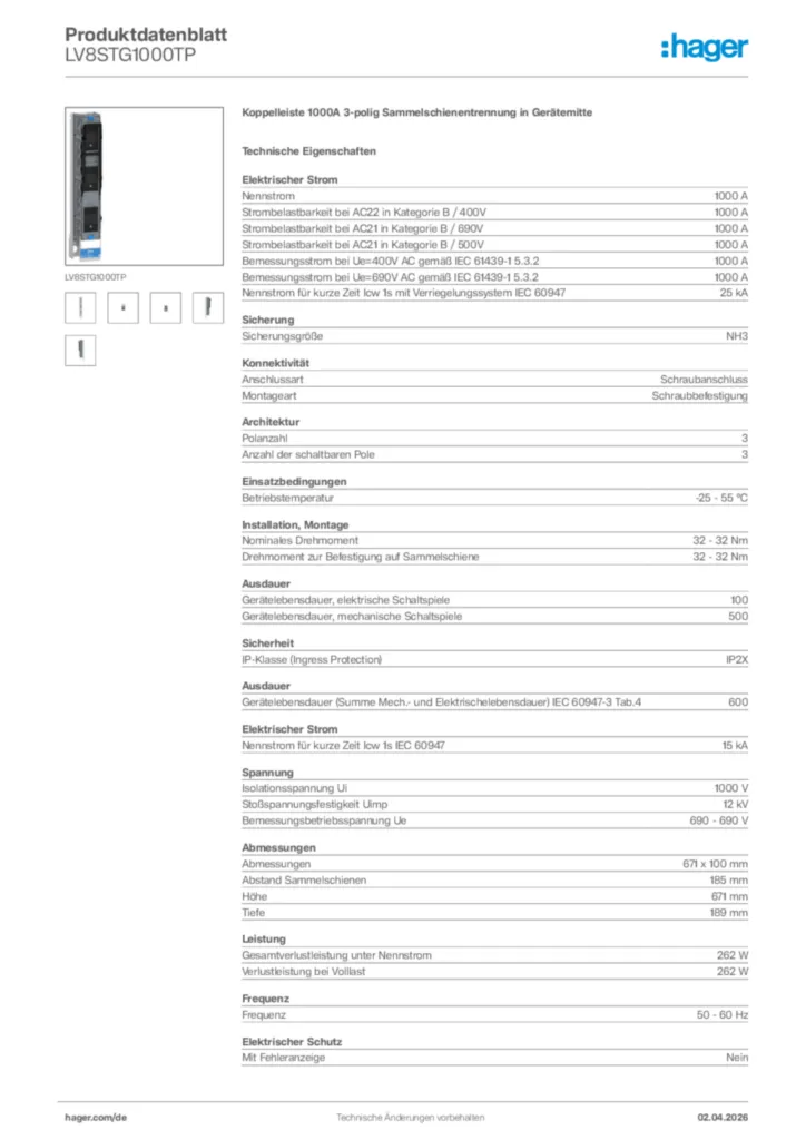 Bild Hager Produktdatenblatt LV8STG1000TP | Hager Deutschland