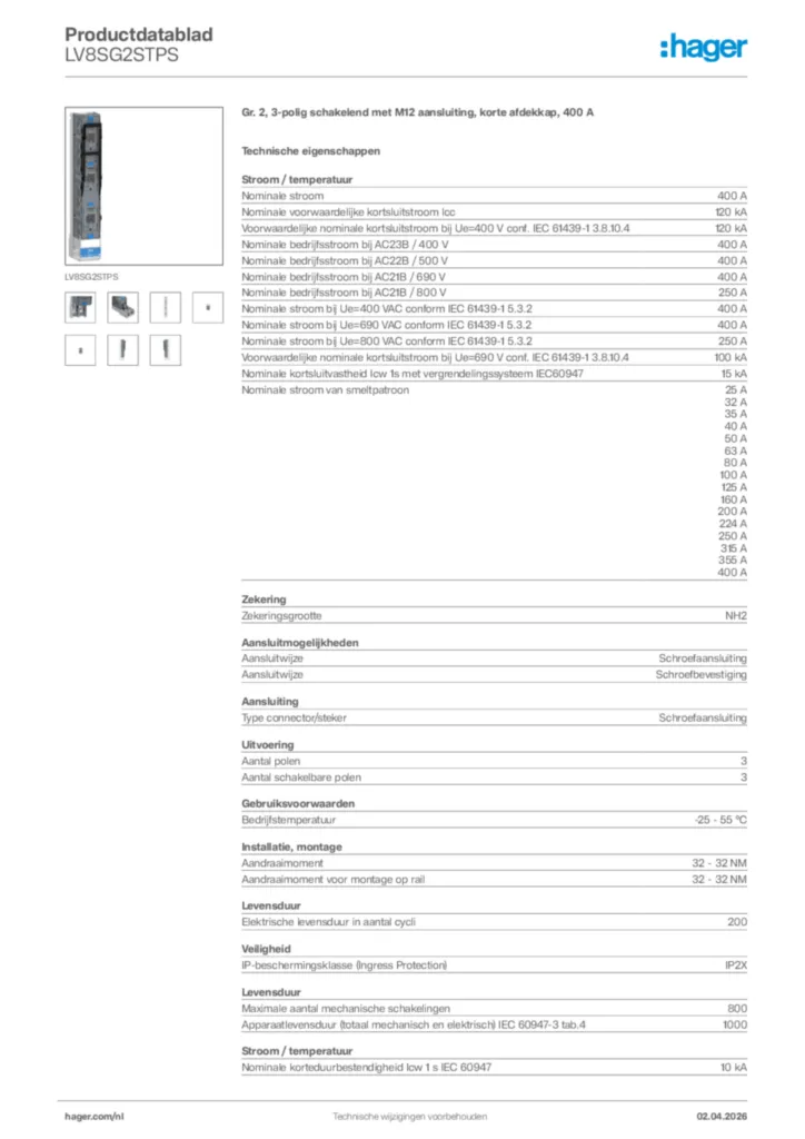 Afbeelding Hager Productdatablad LV8SG2STPS | Hager Nederland