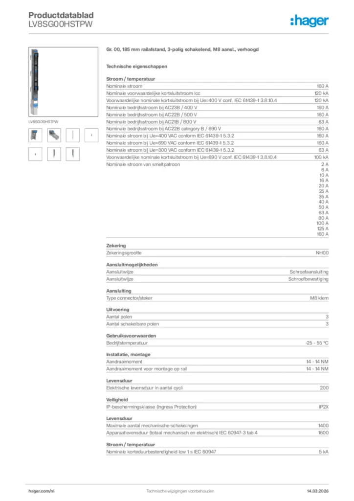 Afbeelding Hager Productdatablad LV8SG00HSTPW | Hager Nederland