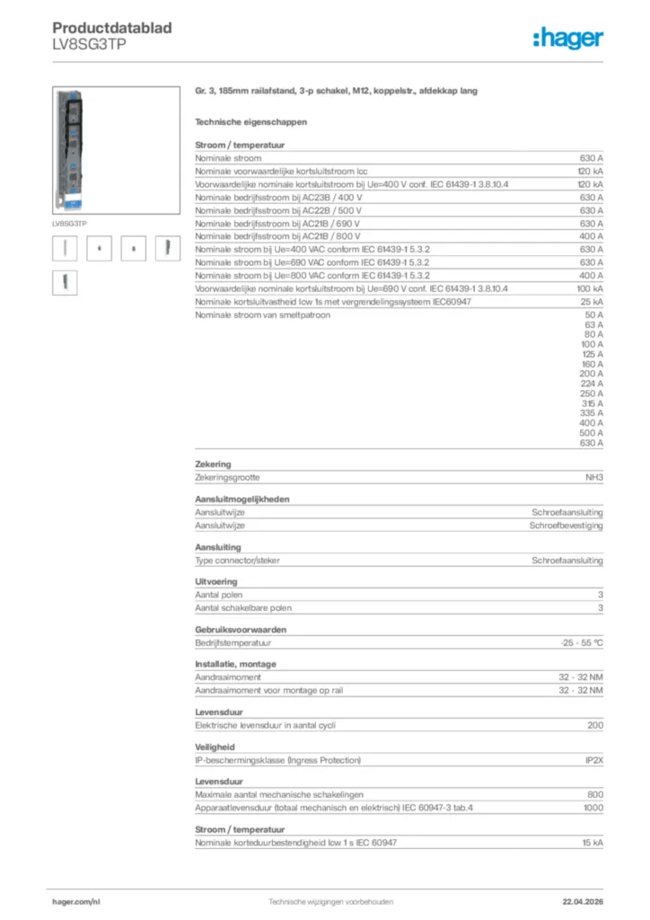 Afbeelding Hager Productdatablad LV8SG3TP | Hager Nederland